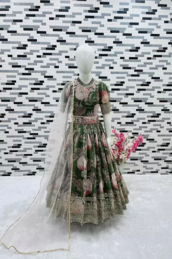  Green Digital Print Gown With Embroidered Sequins