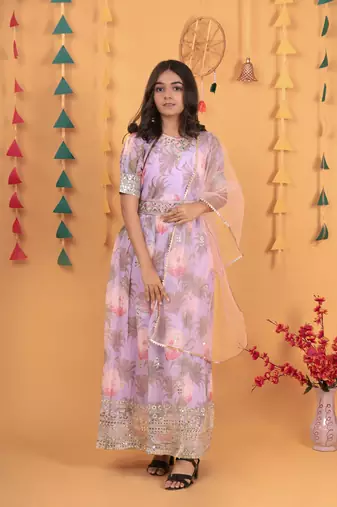 Glamour Heavy Fox Georgette Lavender Gown With Digital Print work With Embroidered Sequins work 