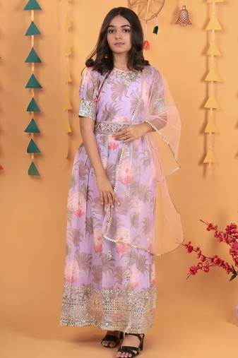 Glamour Heavy Fox Georgette Lavender Gown With Digital Print work With Embroidered Sequins work 