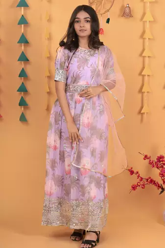 Glamour Heavy Fox Georgette Lavender Gown With Digital Print work With Embroidered Sequins work 