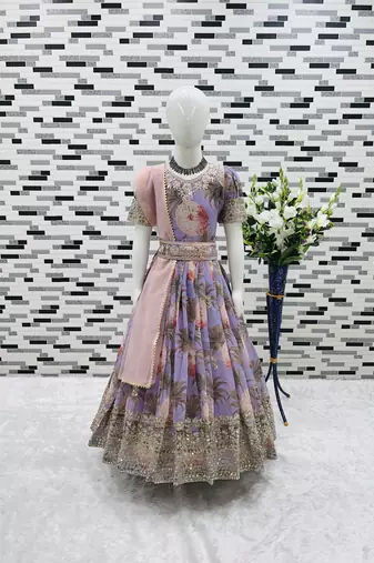  Lavender  Digital Print Gown With Embroidered Sequins 