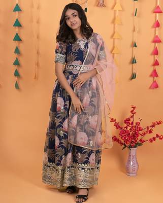 Navy Blue  Digital Print Gown With Embroidered Sequins  2