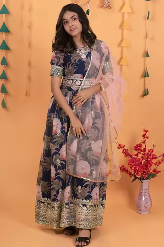 Glamour Heavy Fox Georgette Navy Blue Gown With Digital Print work With Embroidered Sequins work 
