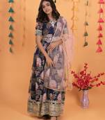 Navy Blue  Digital Print Gown With Embroidered Sequins 