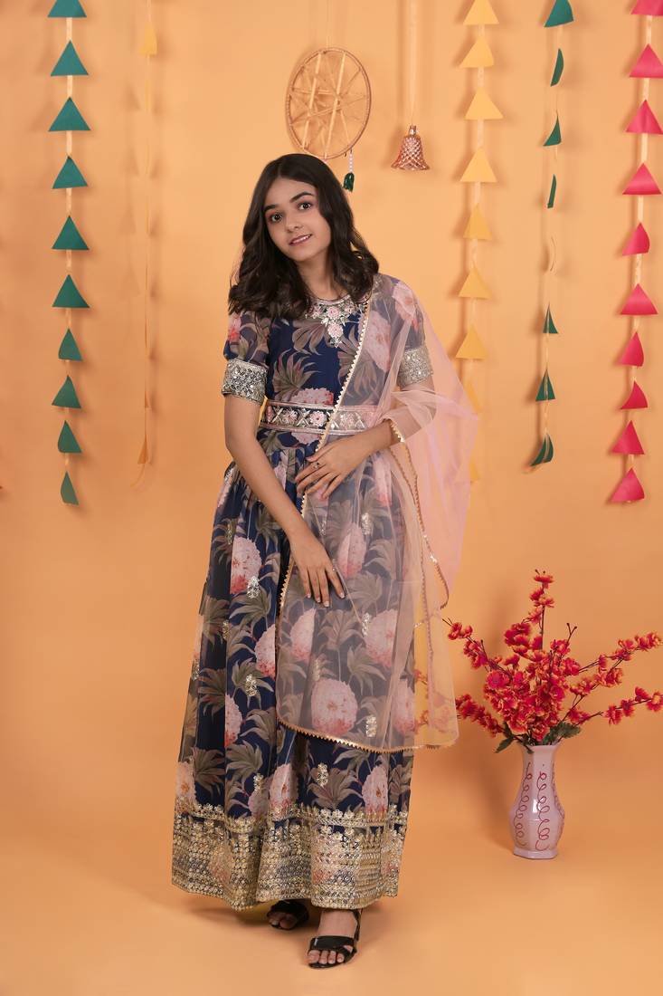 Glamour Heavy Fox Georgette Navy Blue Gown With Digital Print work With Embroidered Sequins work 