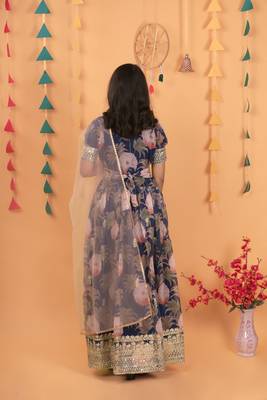 Navy Blue  Digital Print Gown With Embroidered Sequins  3