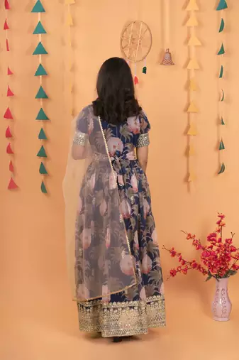 Navy Blue  Digital Print Gown With Embroidered Sequins 