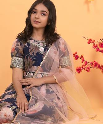 Navy Blue  Digital Print Gown With Embroidered Sequins  4