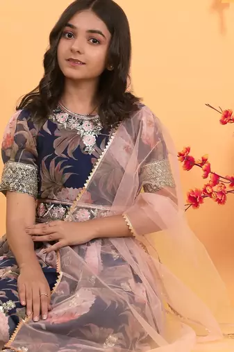 Navy Blue  Digital Print Gown With Embroidered Sequins 