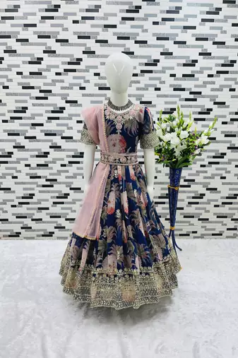 Navy Blue  Digital Print Gown With Embroidered Sequins 