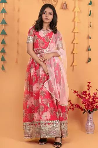 Glamour Heavy Fox Georgette Red Gown With Digital Print work With Embroidered Sequins work 