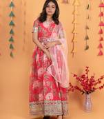 Red digital print gown with embroidered sequins