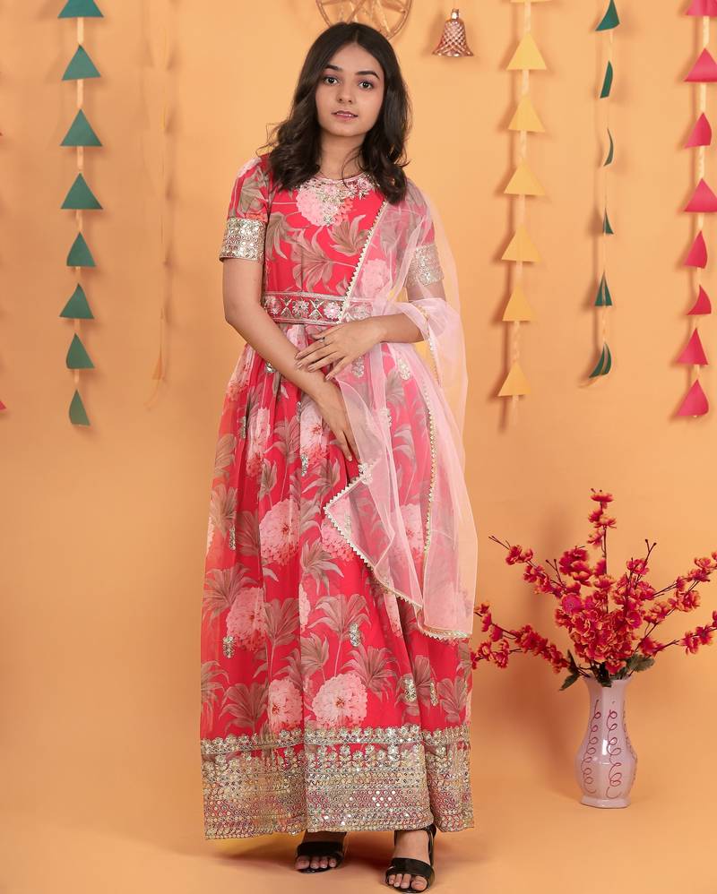 Glamour Heavy Fox Georgette Red Gown With Digital Print work With Embroidered Sequins work 
