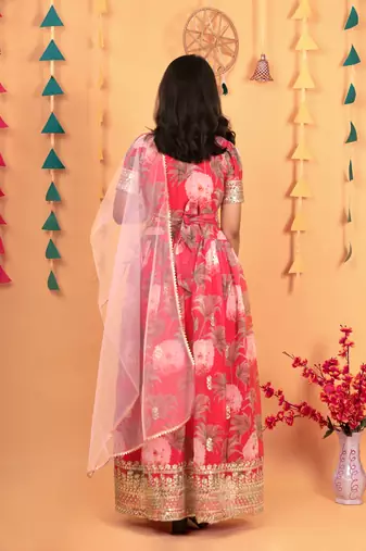 Red digital print gown with embroidered sequins