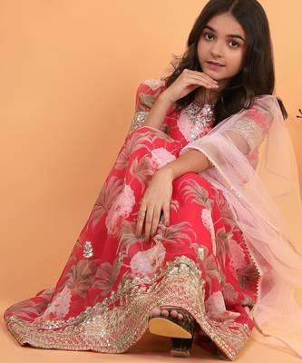 Red digital print gown with embroidered sequins 4