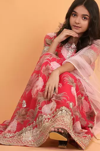 Red digital print gown with embroidered sequins