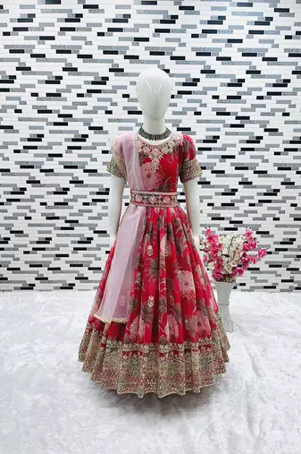 Red digital print gown with embroidered sequins