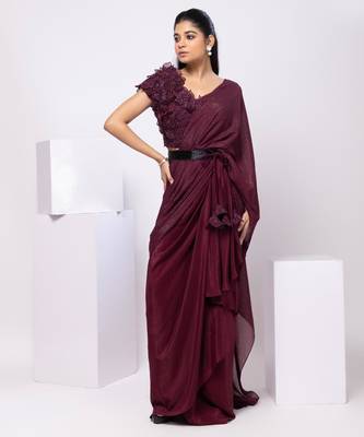 Wine plain crepe saree with belt 2