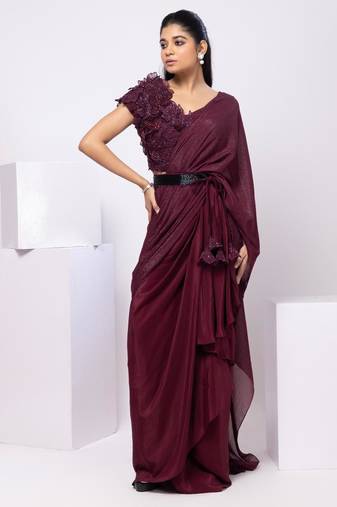 Wine plain crepe saree with belt