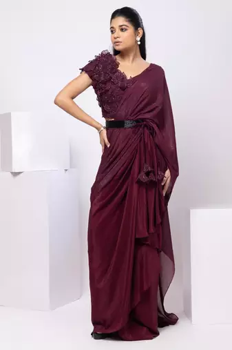Wine plain crepe saree with belt