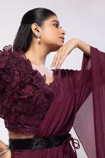 Wine plain crepe saree with belt