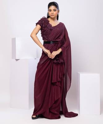 Wine plain crepe saree with belt 1