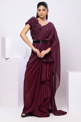 Wine plain crepe saree with belt