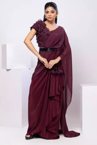 Wine plain crepe saree with belt