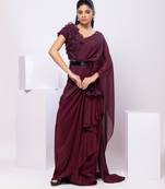 Wine plain crepe saree with belt