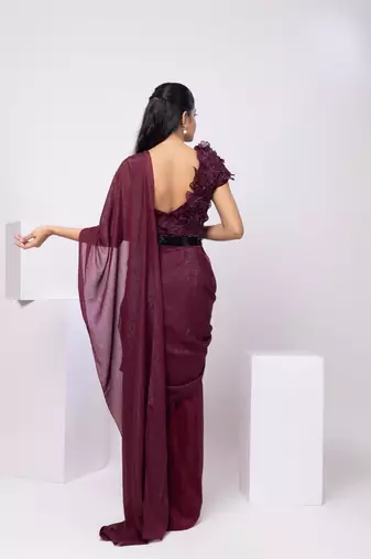Wine plain crepe saree with belt