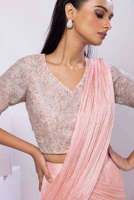 Pink plain organza saree with belt 1