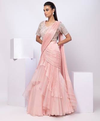 Pink plain organza saree with belt 2