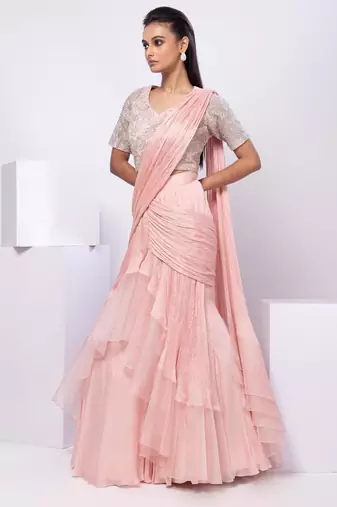 Pink plain organza saree with belt