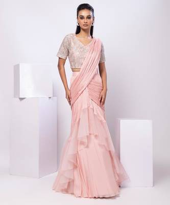 Pink plain organza saree with belt 3
