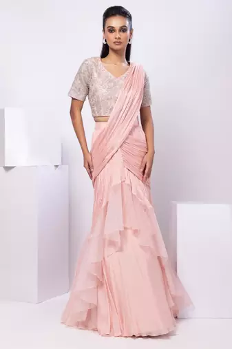 Pink plain organza saree with belt
