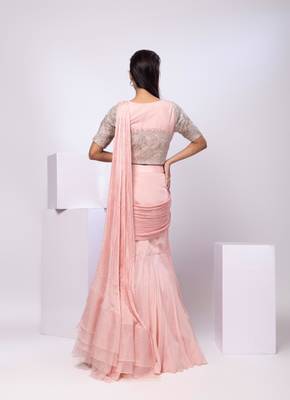 Pink plain organza saree with belt 4