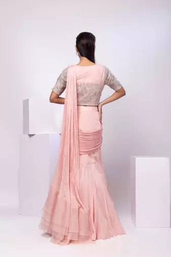Pink plain organza saree with belt