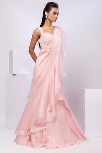 Pink plain silk saree with belt