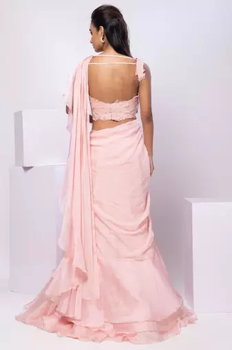 Pink plain silk saree with belt