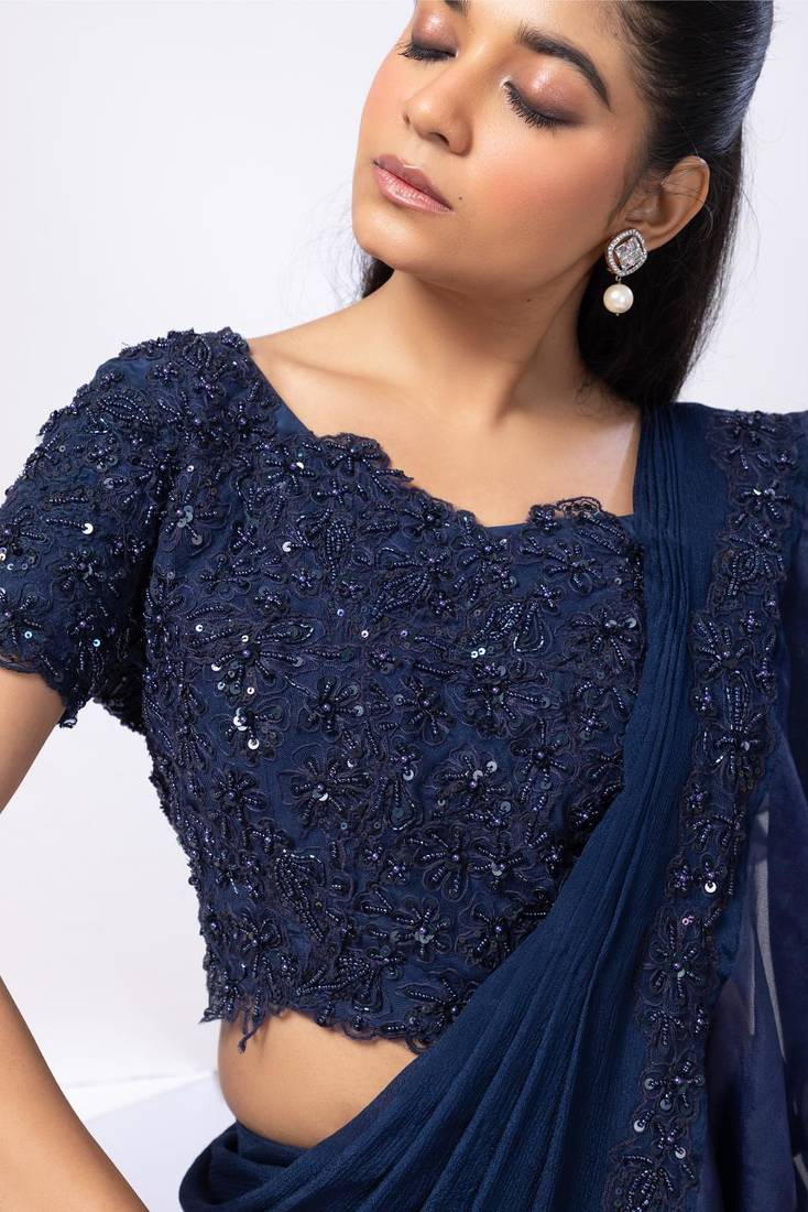 Blue plain silk saree with belt