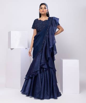 Blue plain silk saree with belt 2