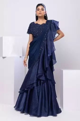 Blue plain silk saree with belt