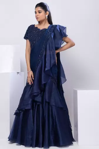Blue plain silk saree with belt