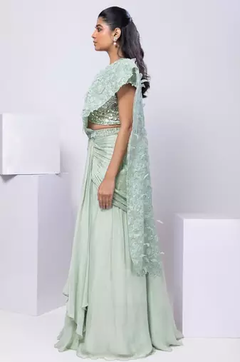 Green plain silk saree with belt