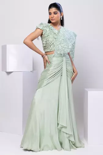 Green plain silk saree with belt