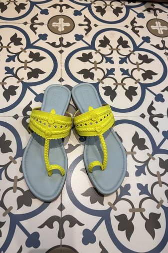 Sky blue and neon yellow kolhapuri