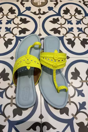Sky blue and neon yellow kolhapuri
