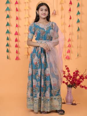 Sky Blue Digital Print Gown With Embroidered Sequins  2
