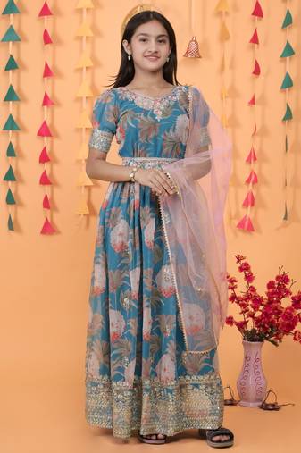 Glamour Heavy Fox Georgette Sky Blue Gown With Digital Print work With Embroidered Sequins work 
