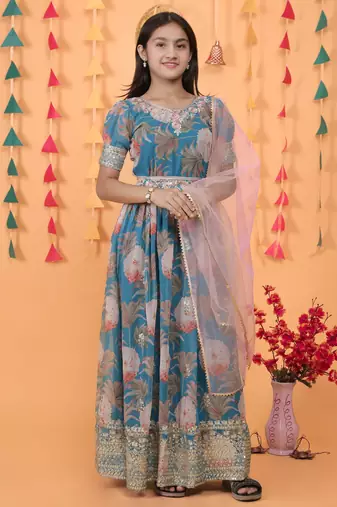 Glamour Heavy Fox Georgette Sky Blue Gown With Digital Print work With Embroidered Sequins work 